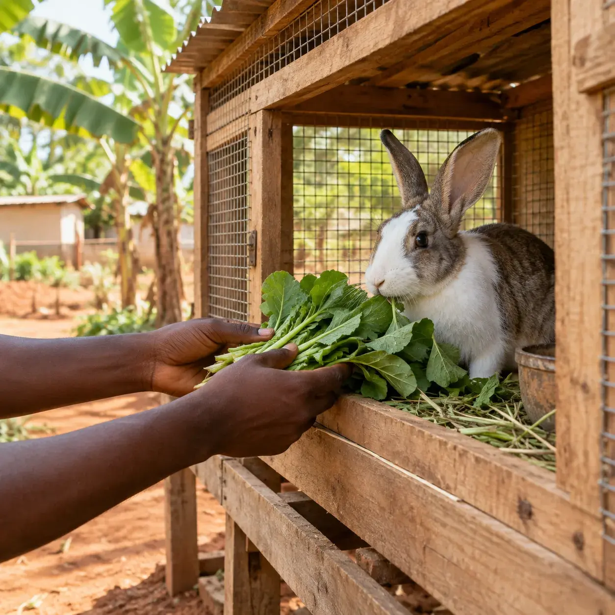 Lapin nourri de feuilles fraîches