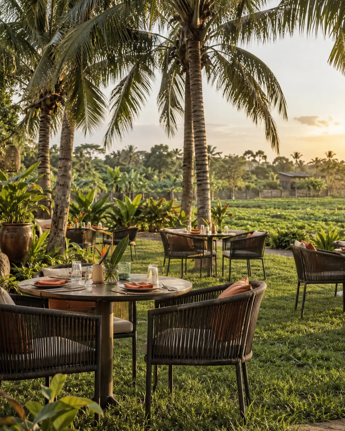 Tables sous les palmiers