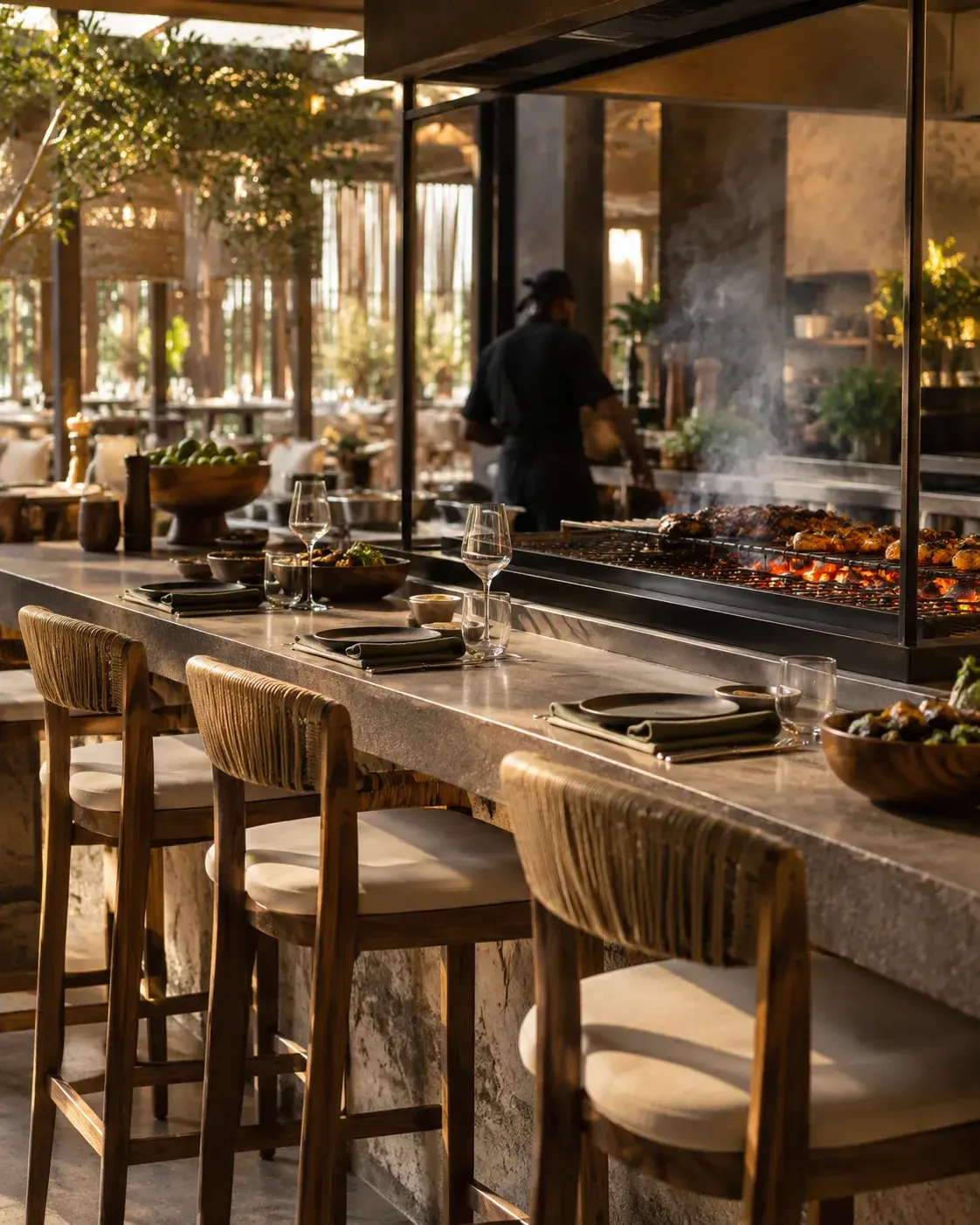 Places au comptoir face au grill